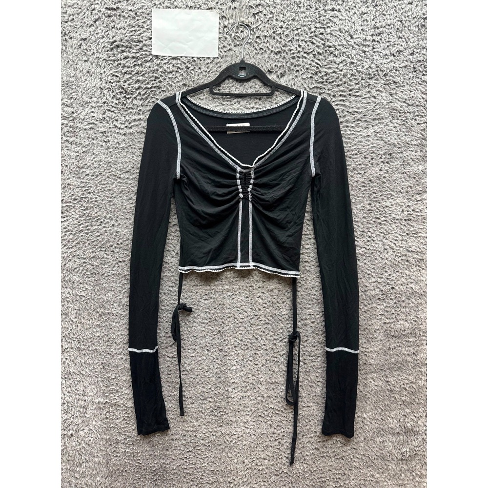 Lesugiatelier Shirred Long Sleeve V-Neck Cropped T-Shirt Black Womens Size 1